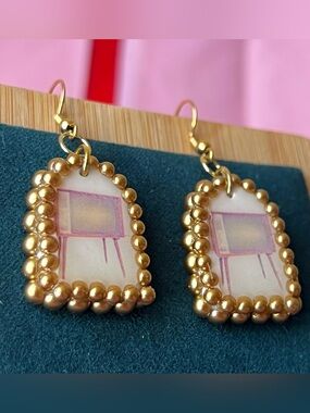 Gold Beaded Pink TV Art Drop Earrings